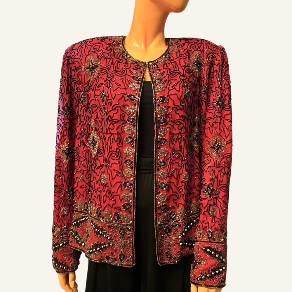 ADRIANNA PAPELL Plus Size Vintage Silk Beaded Evening Jacket